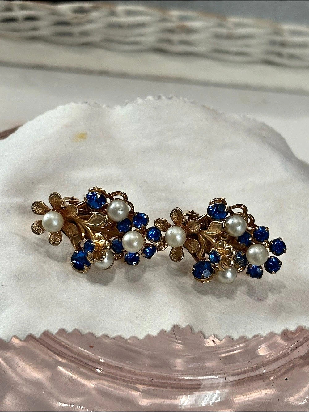 Floral Pearl Blue Stone Earrings